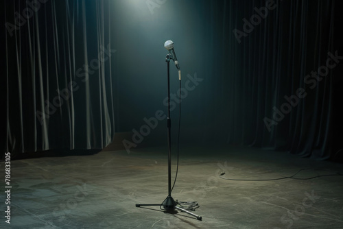 A microphone is standing alone in a dark room © mila103