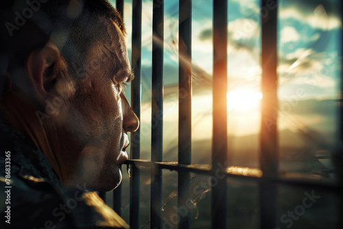 A man is looking out of a prison cell window