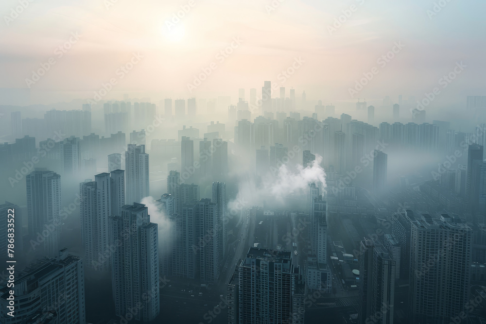 A city skyline with a foggy atmosphere