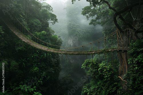 A bridge over a forest with a misty atmosphere