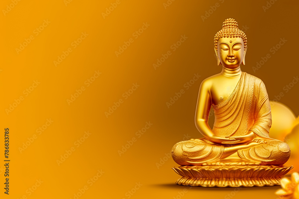 A gold statue of a Buddha is sitting on a table. A gold statue of a Buddha is sitting on a table.
