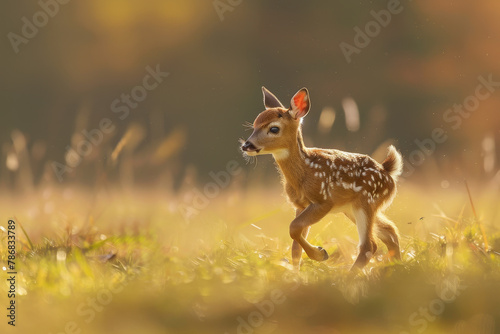 A baby deer is walking through a field of tall grass