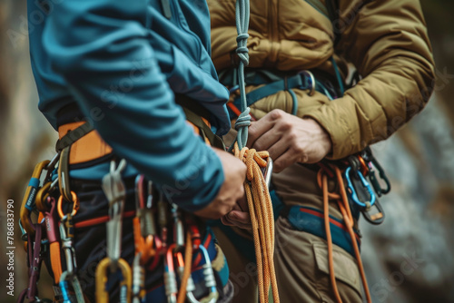Two people are climbing a mountain and one of them is holding a rope photo