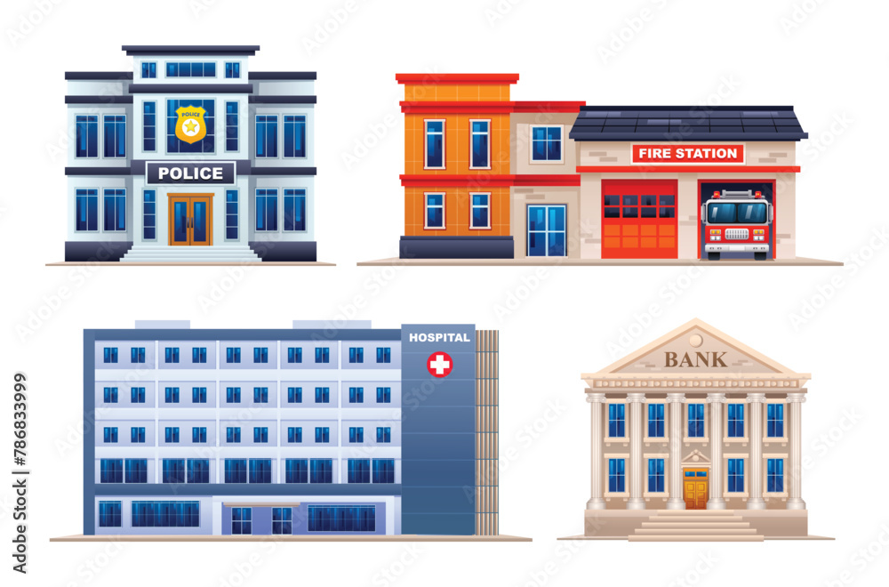 Set of city buildings. Police station, fire station, hospital and bank. Vector illustration