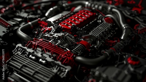 a close up of a red and black engine
