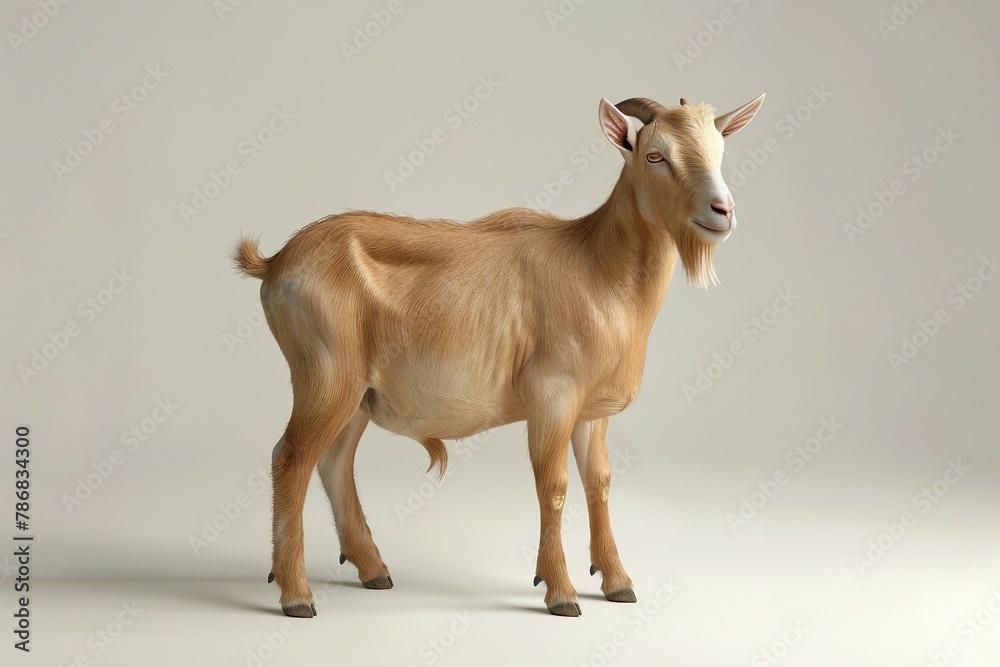 a brown goat standing on top of a white floor a brown goat standing on top of a white floor