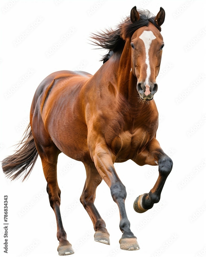 a brown horse is galloping on a white background