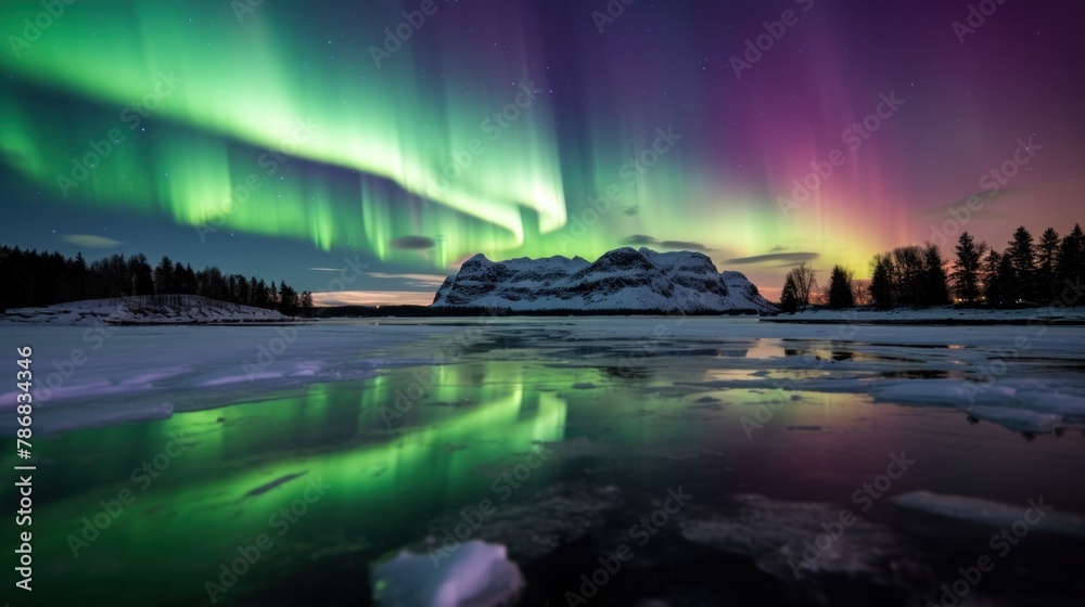 Witnessing the Northern Lights' Enchanting Performance Over a Frozen Lake, dancing aurora light