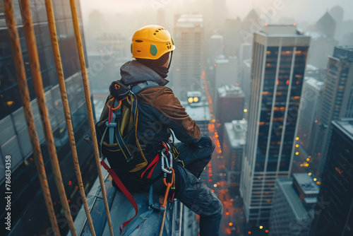 A man in a yellow helmet sits on a ledge overlooking a city photo