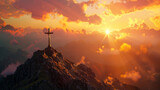 A mountain with a cross on top and a sunset in the background