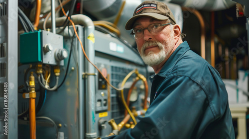 A middle-aged HVAC technician in a uniform, servicing heating and cooling systems in a commercial building.