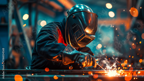 A recent welding school graduate in protective gear, performing precision welds on metal components in a fabrication shop 