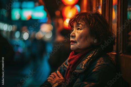 Portrait of an elderly Asian woman in the city at night.