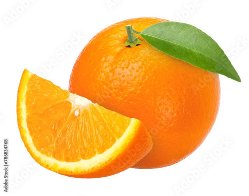 Orange fruit with leaves and slices isolated, Orange fruit macro studio photo, transparent PNG, PNG format, cut out