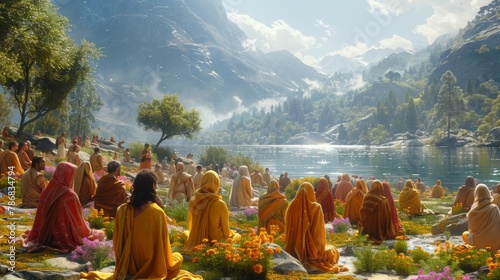 Behold along the tranquil banks of a river or lake, devout worshippers gather in prayer, their voices echoing harmoniously with the rhythmic flow of water, invoking a sense of spiritual serenity. 