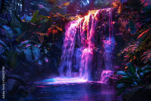 Magical night scene of a colorful waterfall in a tropical jungle,
