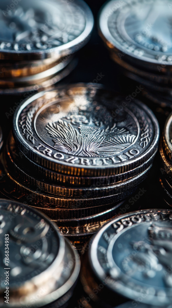 A stack of coins with one of them reading A stack of coins with one of them reading