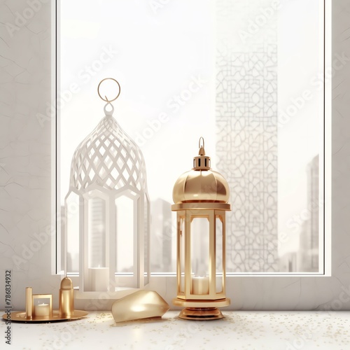 Eid mubarak and ramadan kareem greetings with islamic lantern and mosque. Eid al fitr background © pena