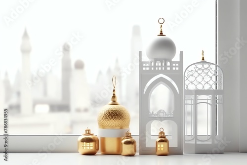 Eid mubarak and ramadan kareem greetings with islamic lantern and mosque. Eid al fitr background