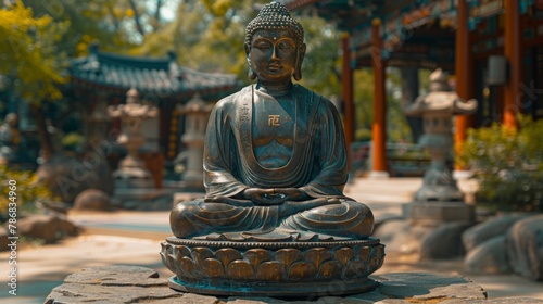 Close-up image of a bronze Buddha on a stone altar in the setting of a Buddhist temple. Spiritual reflection and meditation.