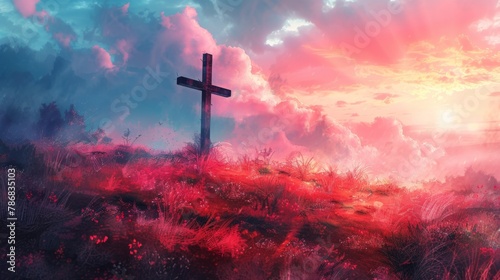 Vibrant watercolor-style artwork showcasing a Christian cross, positioned against the backdrop of a serene beach at sunset. Christianity concept with ample space for text