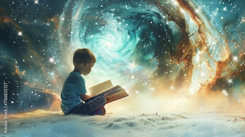 A mysterious cosmic portal, crafted from masking tape, opens in a childrens book illustration, inviting young readers into a world of imagination and adventure,  photo