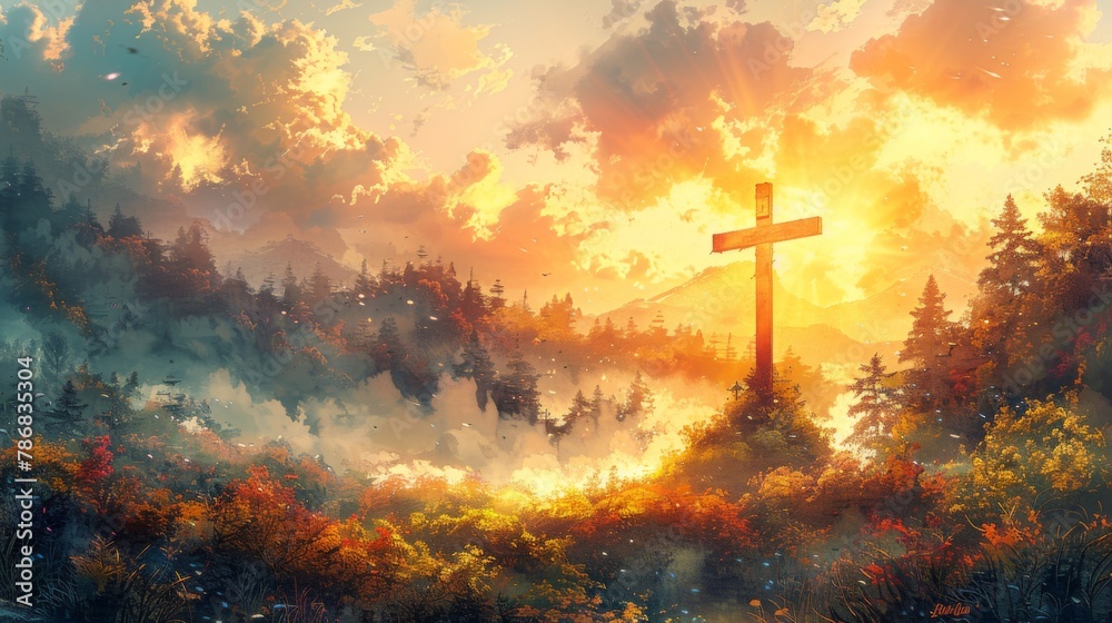 Colorful watercolor painting featuring a Christian cross, set against the backdrop of a starry night sky in a tranquil countryside setting. Christian themes.