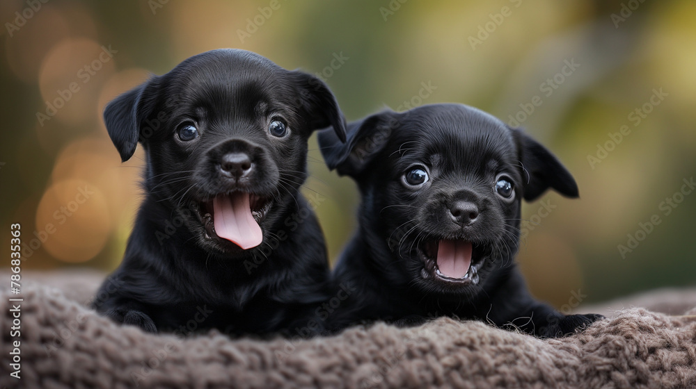 Two cute black puppies yawning