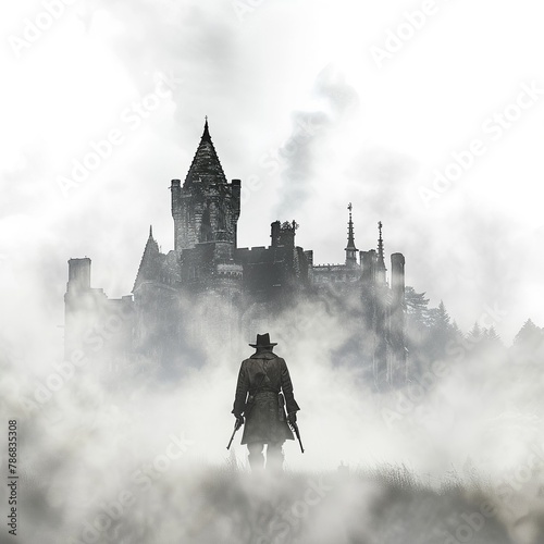 The setting of an eerie medieval castle, surrounded by fog, with a gunslinger standing guard, showcasing a fusion of eras and themes, 