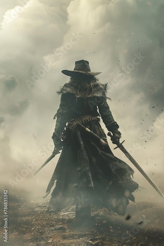 A bohoinspired gunslinger wielding a medieval great sword, set against the backdrop of an eerie, fogladen landscape, in an extremely simple illustration,  photo