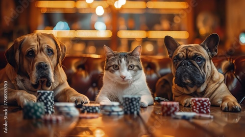 Pet poker party, dogs and cats, clear fun background, photo