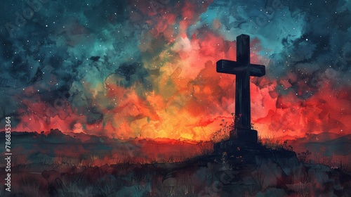 Colorful watercolor painting featuring a Christian cross, set against the backdrop of a starry night sky in a tranquil countryside setting. Christian themes.