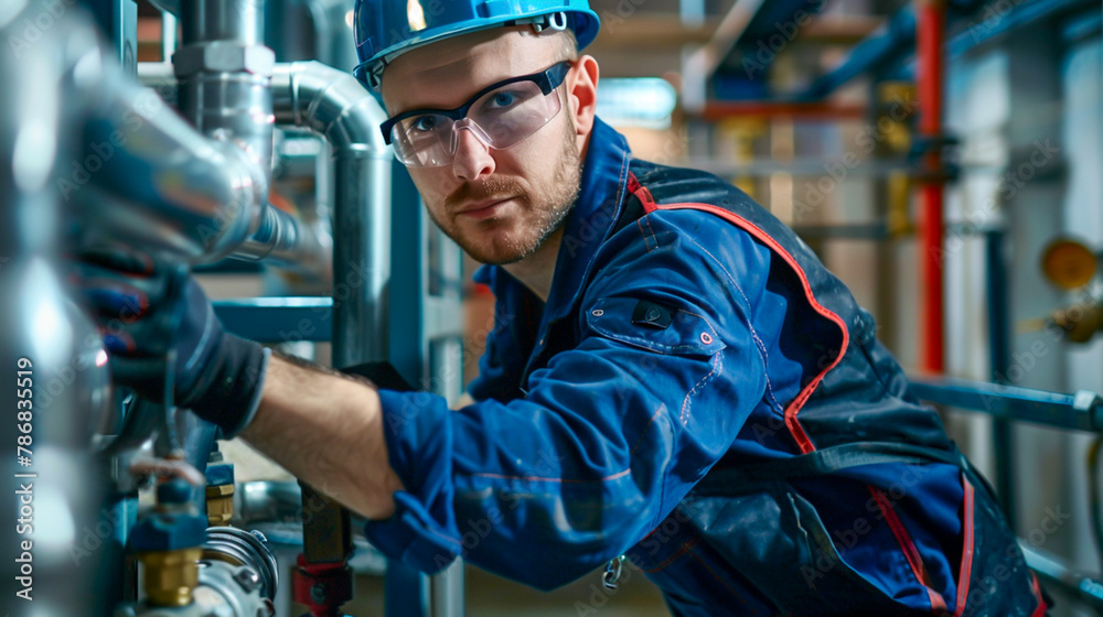 A young apprentice plumber in coveralls, learning pipefitting techniques under the mentorship of a skilled journeyman plumber. A young apprentice plumber in coveralls, learning pipefitting techniques under the mentorship of a skilled journeyman plumber.