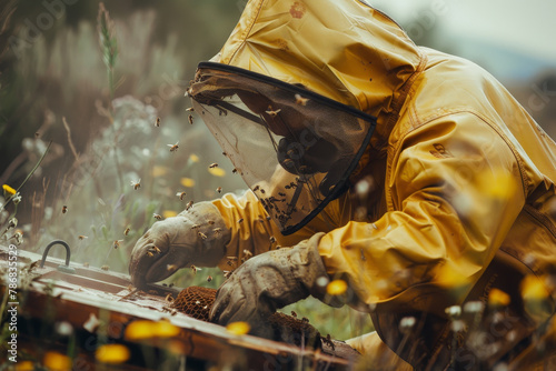 A beekeeper is working in a field with a box of bees