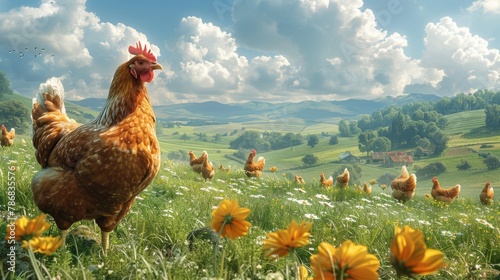 organic bio chicken farming, pecking at the earth for sustenance as they lay fresh eggs, the verdant landscape serving as a testament to sustainable agriculture 