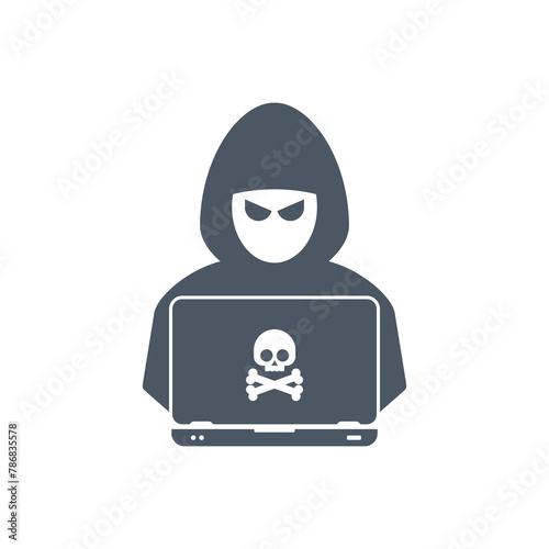 Flat illustration of hacker at laptop vector icon for web design. Hacker at laptop icon. © madedee