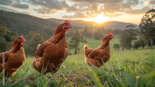 organic bio chicken farming, pecking at the earth for sustenance as they lay fresh eggs, the verdant landscape serving as a testament to sustainable agriculture 