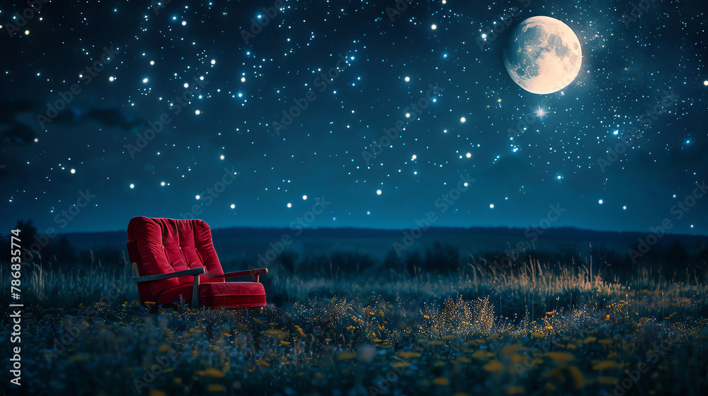 Fototapeta premium Shooting stars and red armchair, outdoor moon movie scene,