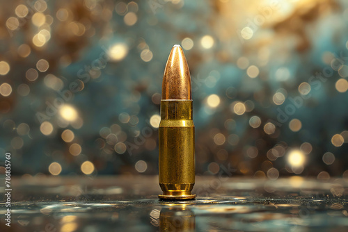 Sharp close-up of 9mm bullet, galaxy stars in background, photo