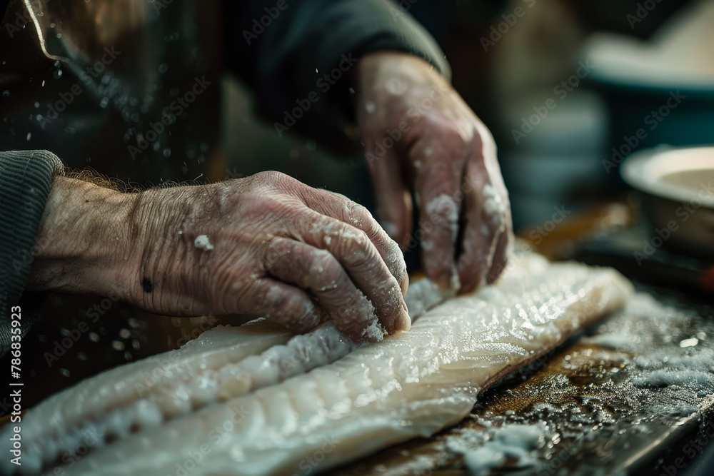 A man is preparing fish on a cutting board