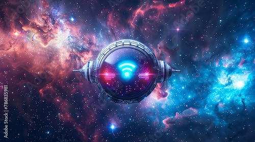 Space capsule with WiFi icon, exploring cosmic depths,