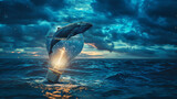 Surreal night with a blue whale inside a water-filled light bulb,