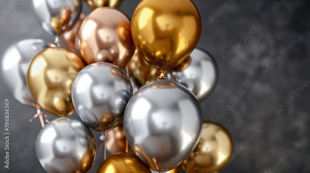 Gold, silver, and bronze balloons cascade on charcoal grey, exuding sophisticated festivity. Gold, silver, and bronze balloons cascade on charcoal grey, exuding sophisticated festivity.