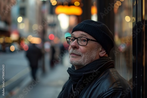 Portrait of a senior man with gray beard and glasses in the city at night