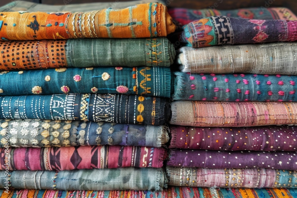 Stacked colorful textiles with intricate patterns. Stacked colorful textiles with intricate patterns.