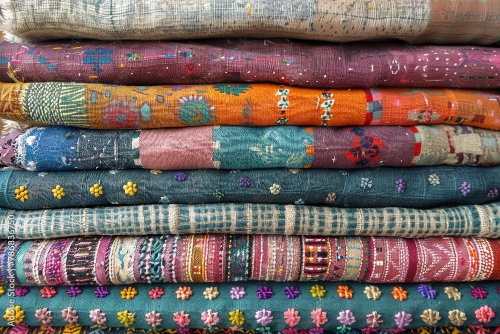 Stacked colorful textiles with intricate patterns. Stacked colorful textiles with intricate patterns.