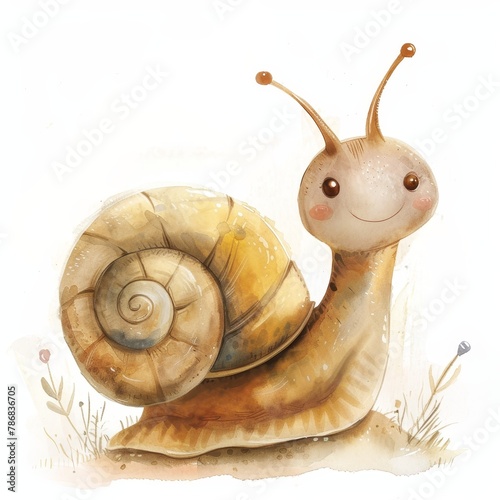 A cute snail with a big brown shell and a happy face.