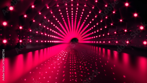 Futuristic tunnel of glowing red dots leading into darkness  symbolizing digital travel  cyber security  and advanced technology concept