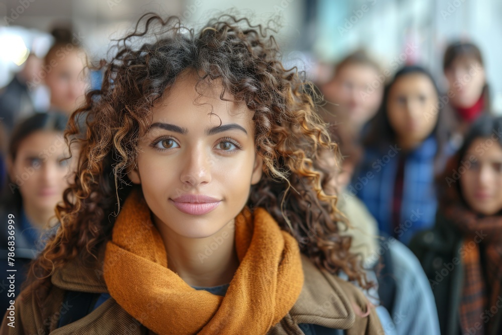 A young woman with curly hair stands poised in a bustling city street, with people blurred in motion around her. A young woman with curly hair stands poised in a bustling city street, with people blurred in motion around her.
