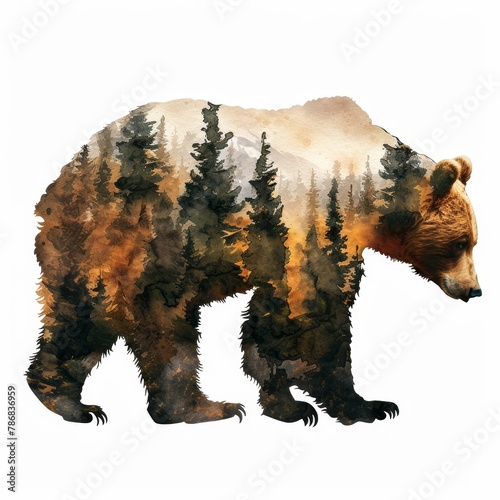 A watercolor painting of a bear walking through a forest.